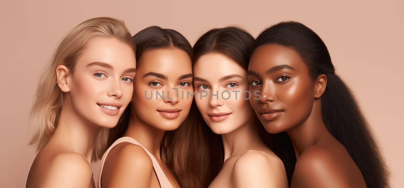 Beauty portrait four multiethnic diverse young women, clean skin, beautiful female models together by Rohappy