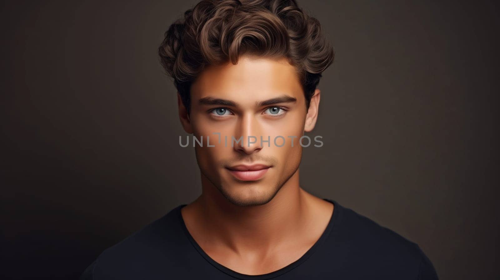 Portrait of handsome caucasian young man looking at camera posing on black studio background