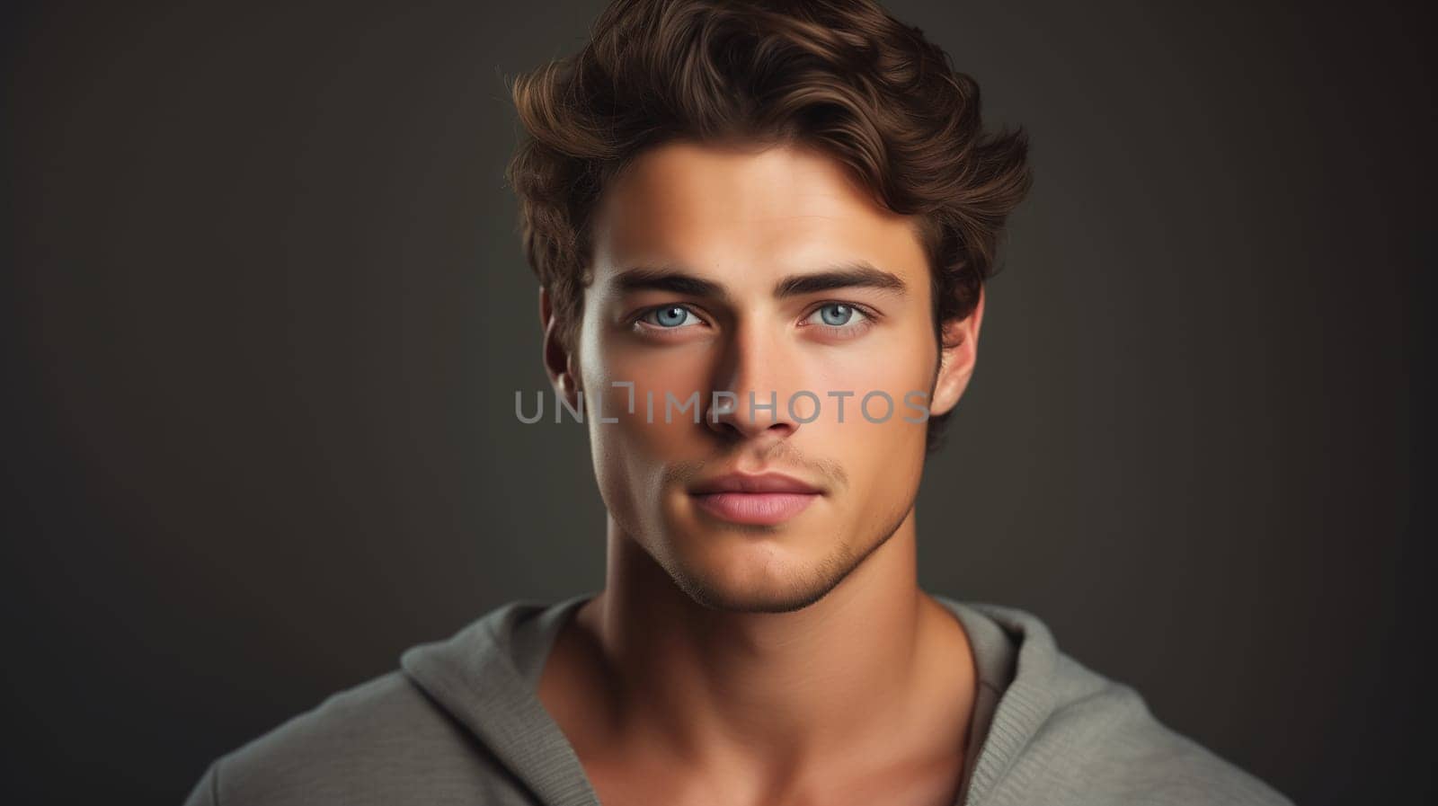 Portrait of handsome caucasian young man looking at camera posing on black studio background
