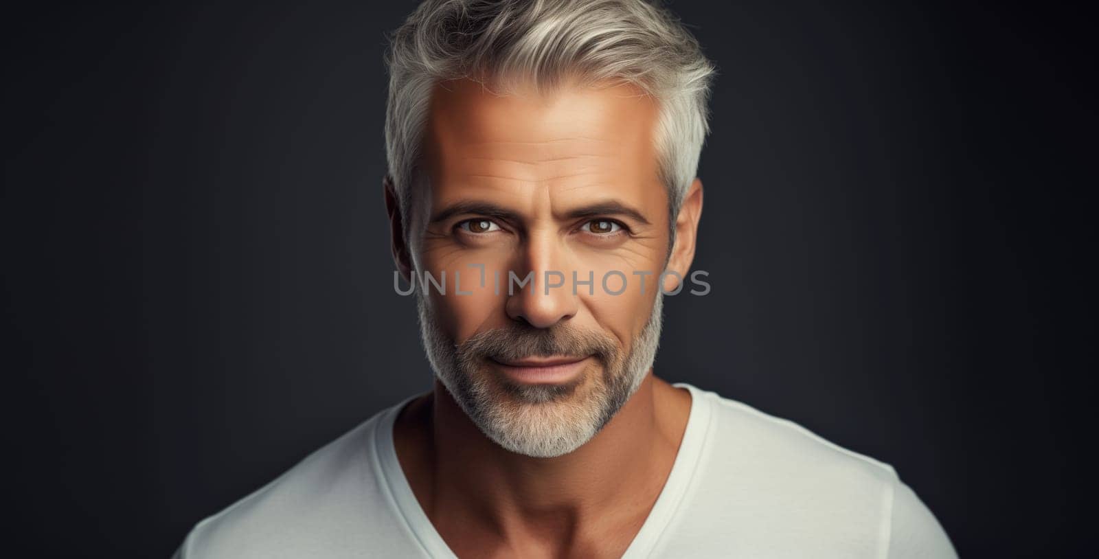 Portrait handsome bearded caucasian mature man looking at camera posing on black studio background by Rohappy