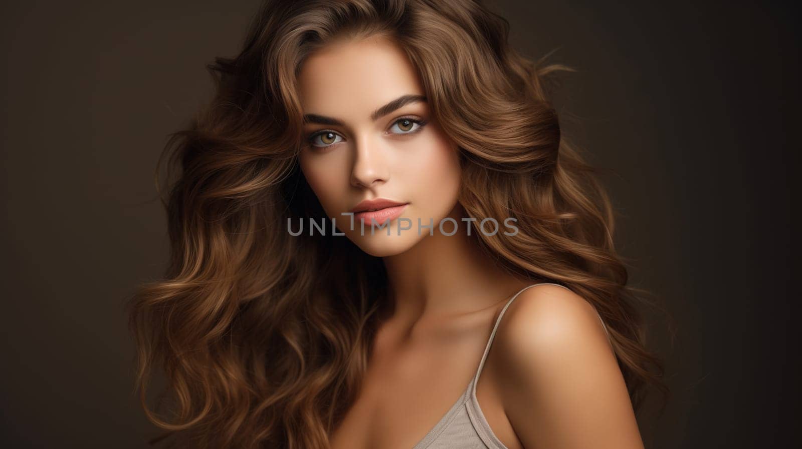 Beauty portrait of pretty young woman with curly hair, beautiful lovely model on studio background by Rohappy