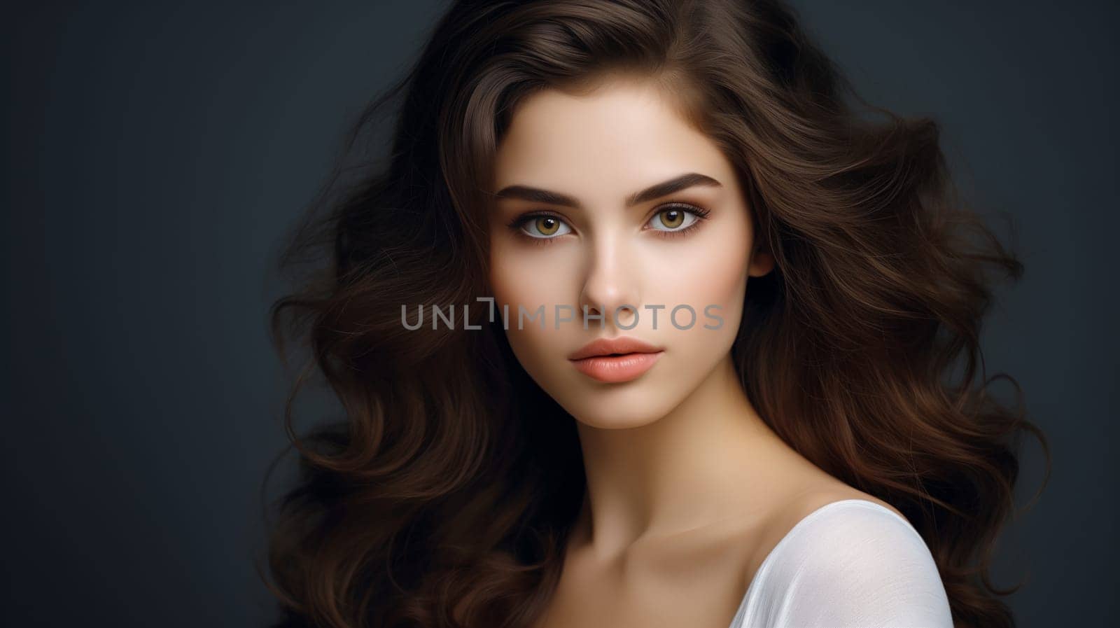 Beauty portrait of pretty young woman with curly hair, beautiful lovely model posing on studio background