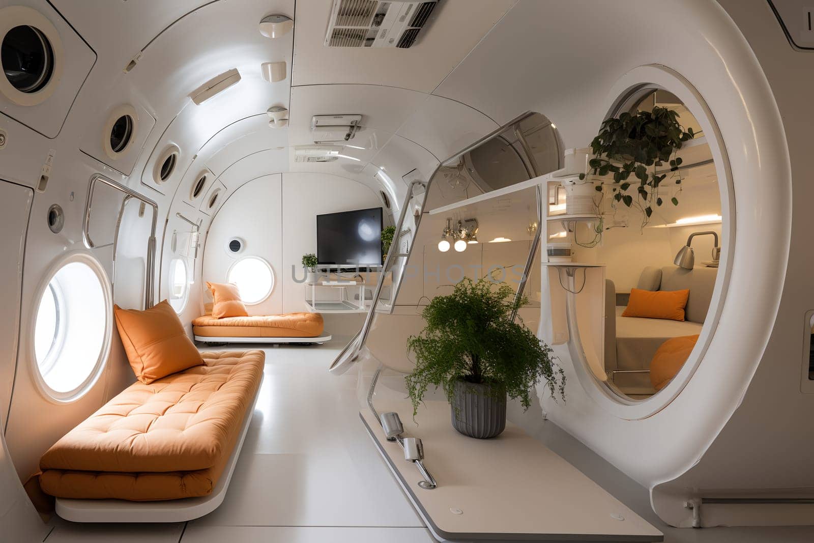 The interior of a capsule hotel showcases a modern, sleek design with comfortable seating, private sleeping areas, and green plants enhancing the ambiance - Generative AI