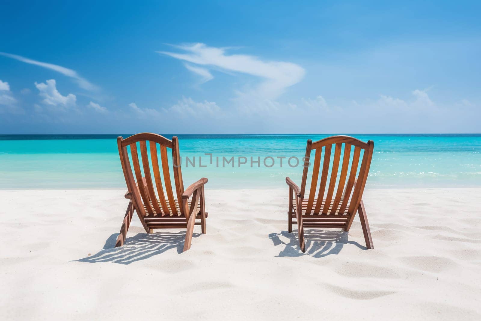 Two wooden Adirondack chairs face the tranquil turquoise ocean under a clear blue sky, inviting a peaceful seaside retreat - Generative AI