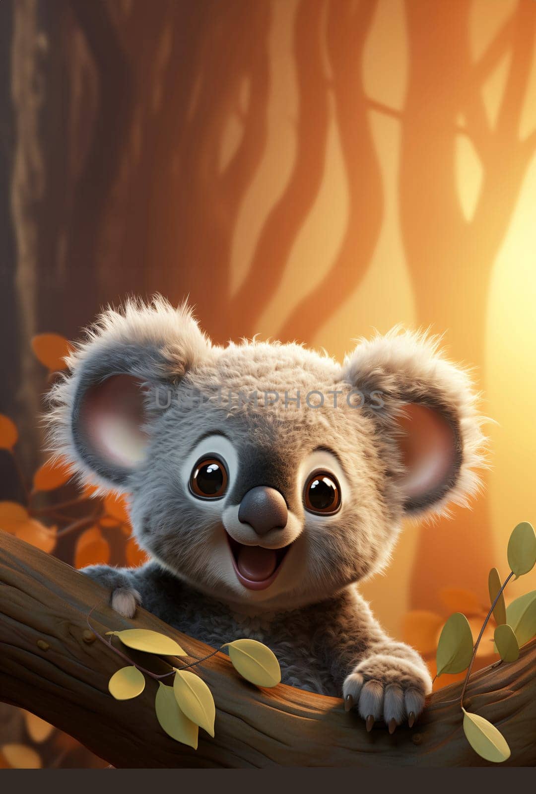 Smiling Koala Cub Clinging to a Tree Branch at Sunset by chrisroll
