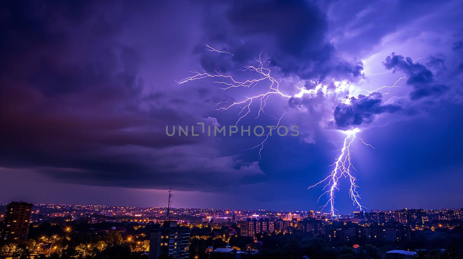 A powerful lightning bolt hits over a city at night, illuminating the sky and buildings below in a dramatic display of natures forces - Generative AI