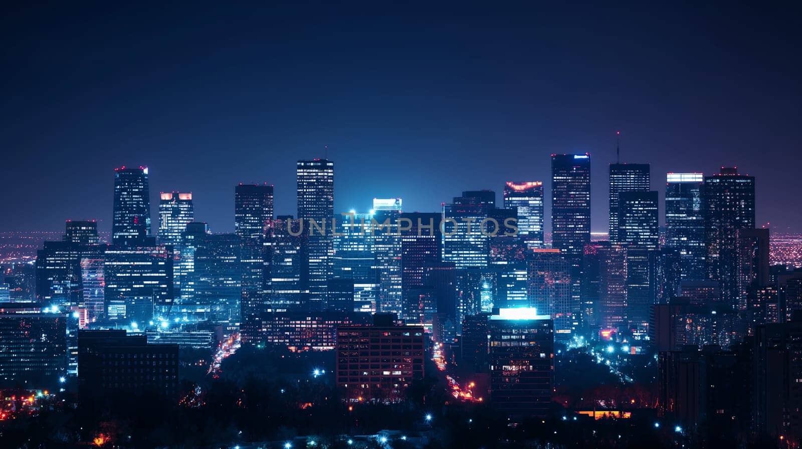 A bustling city skyline glows with life after dusk, showcasing a panorama of illuminated offices and urban glow against the backdrop of a night sky - Generative AI