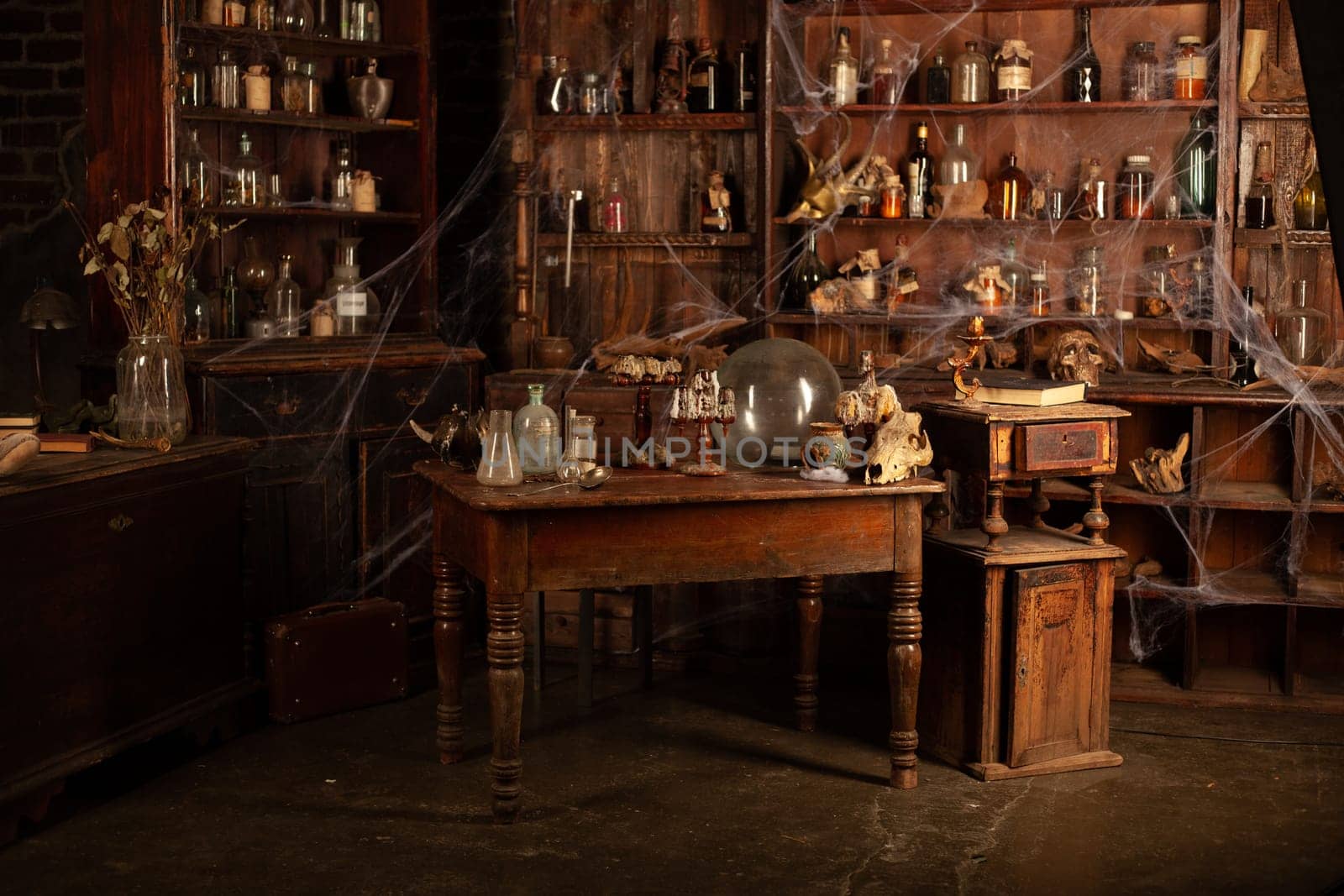 Halloween background Shelves with alchemy tools Skull spiderweb bottle with poison candles Witcher workspace Scarry room