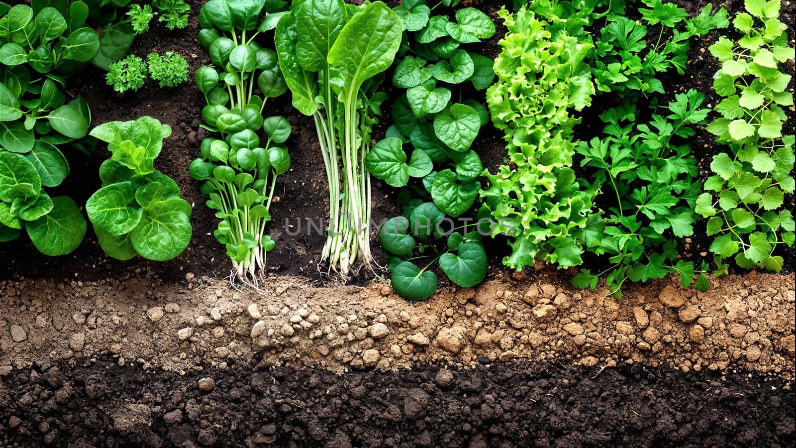 A top view of various vegetables growing in the soil