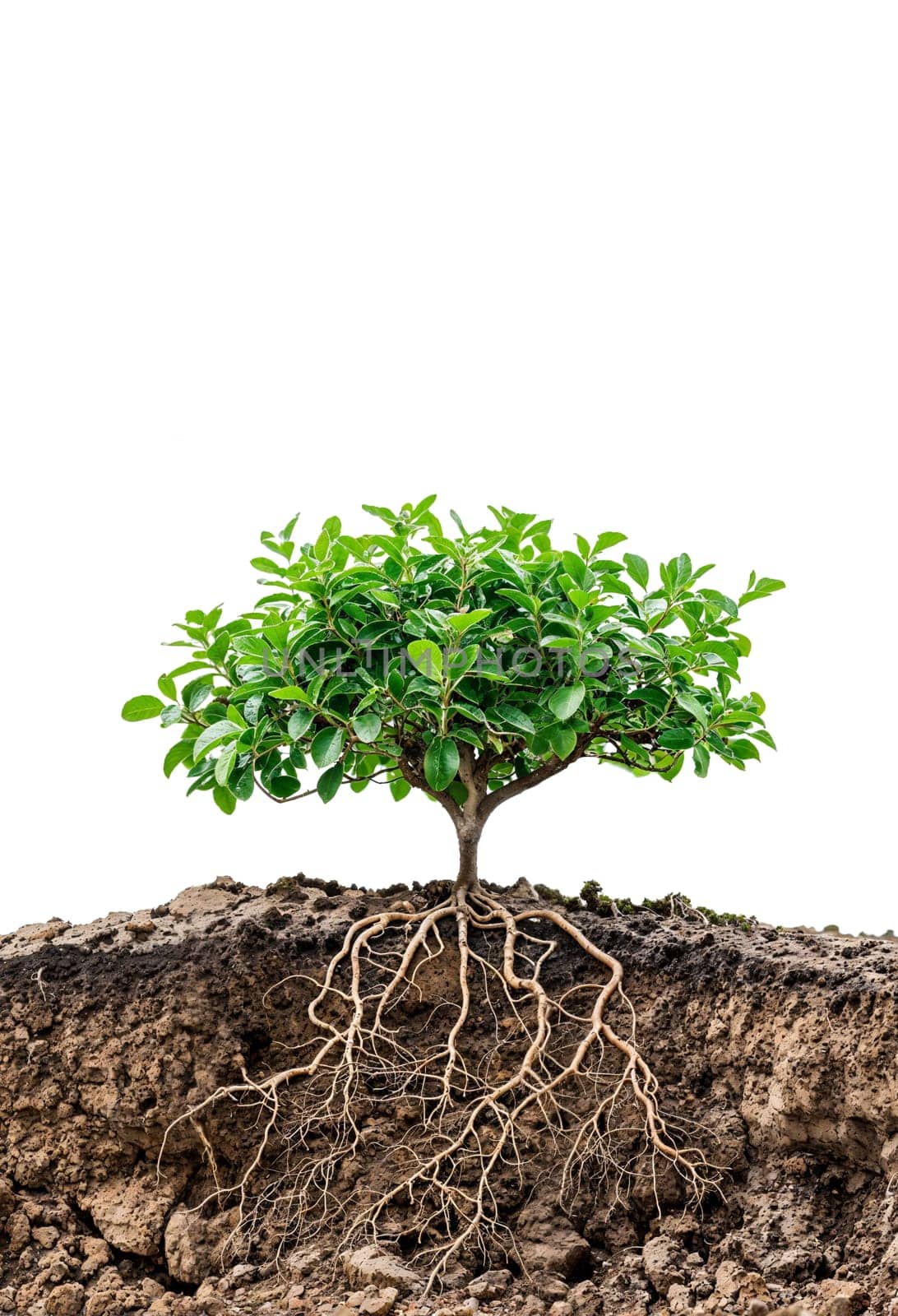 A small tree with roots growing out of the soil isolated on white background. Space for text. by evdakovka