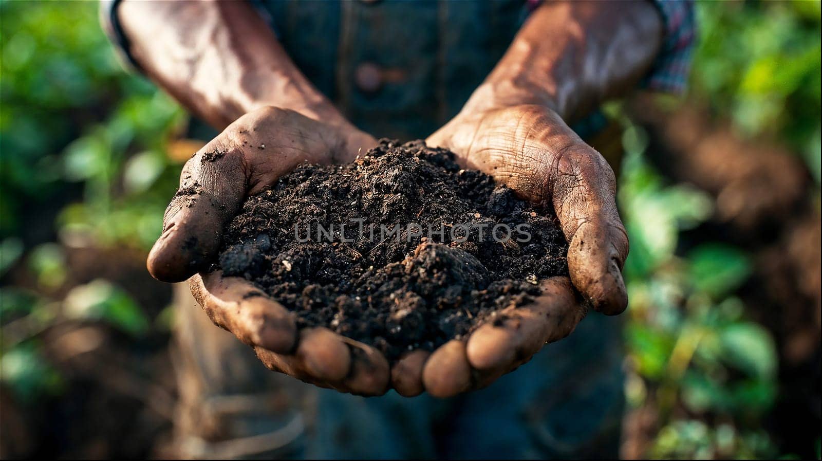 Dark-skinned Man holding handful of dark compost-enriched soil. by evdakovka