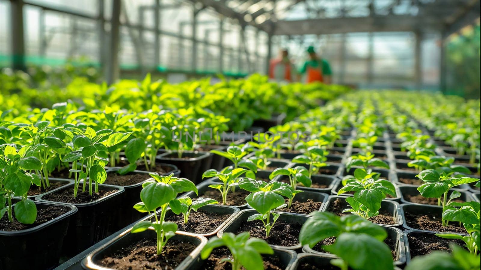 Rows of seedling trays filled with young plants inside a modern greenhouse environment