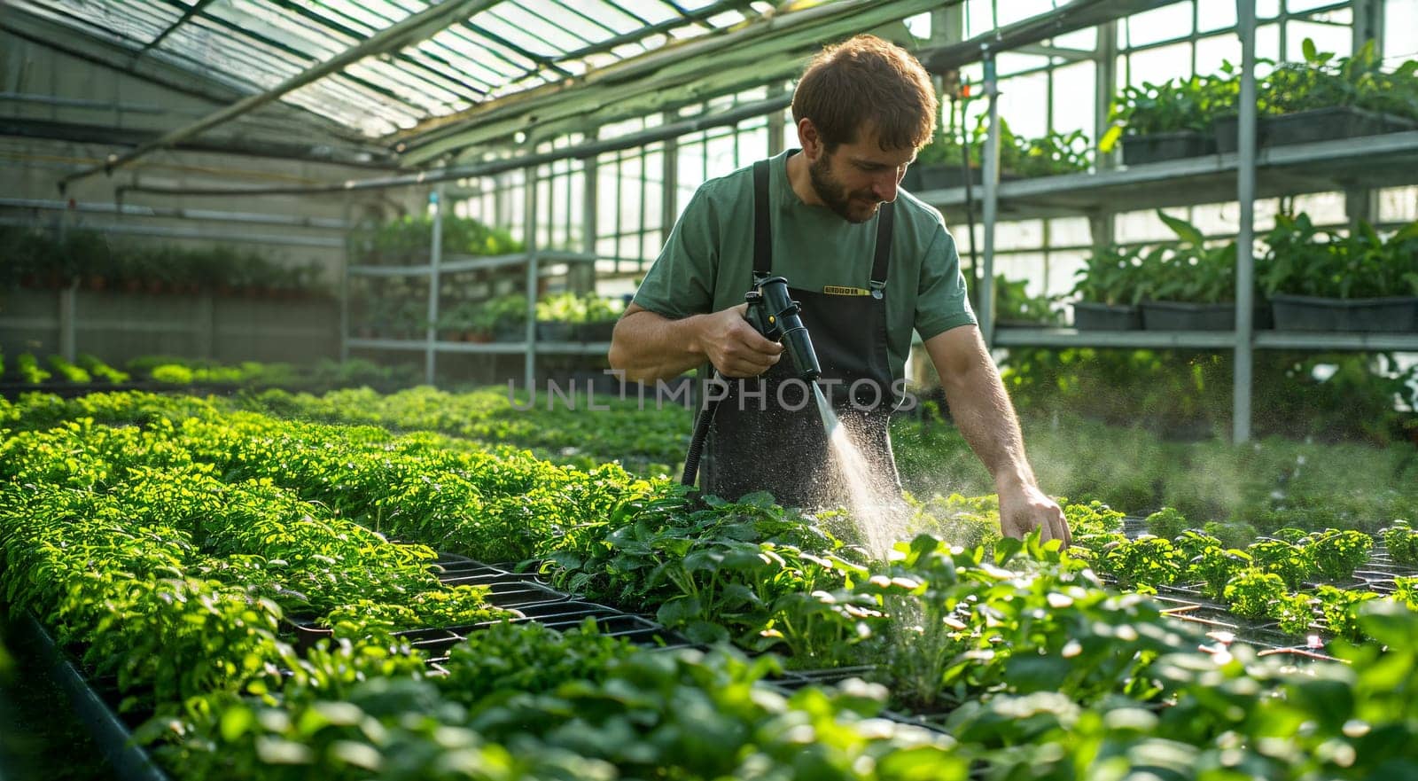 A man in an apron watering plants with a spray gun in a greenhouse
