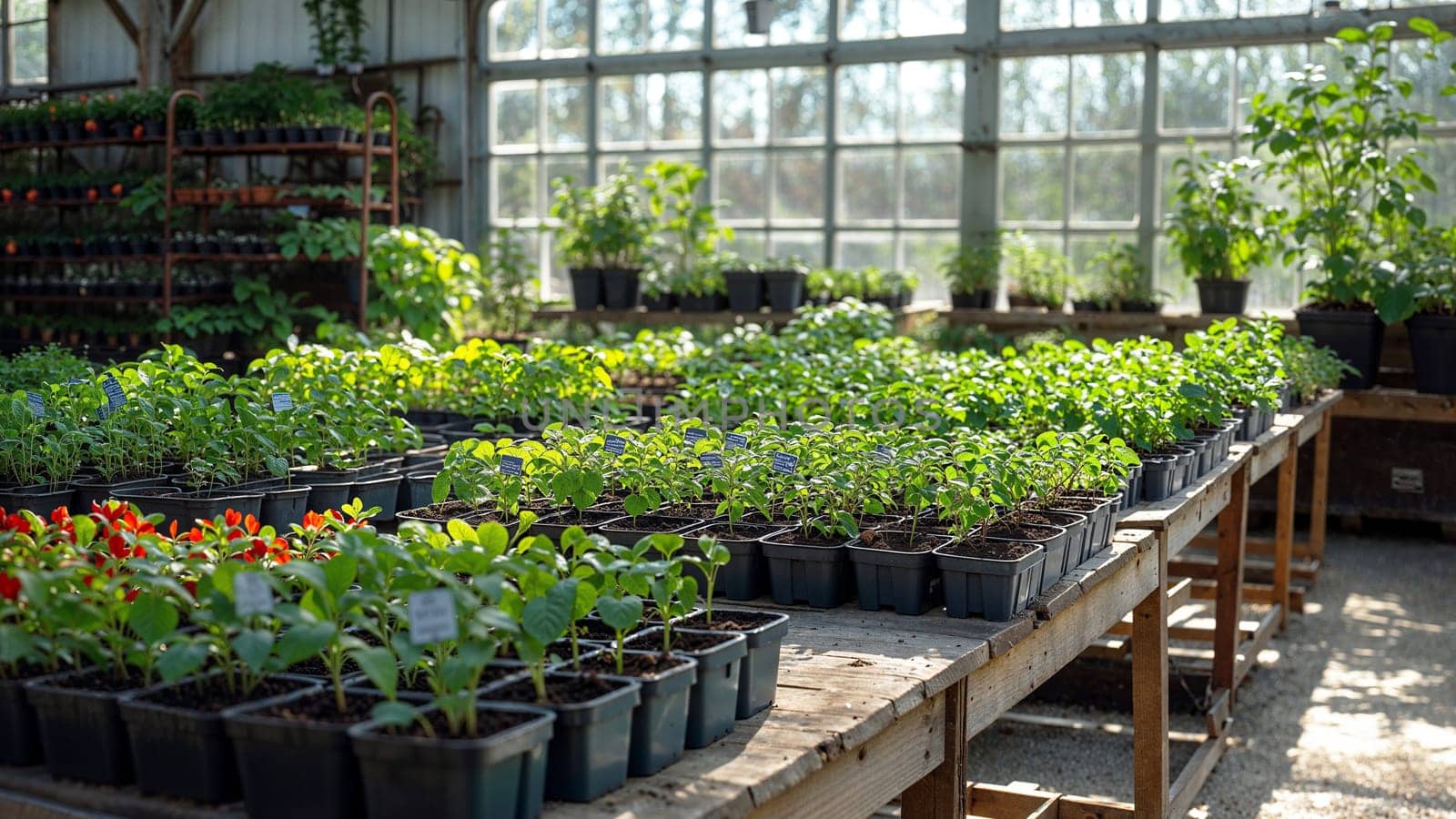 Rows of potted plants in modern greenhouse. by evdakovka