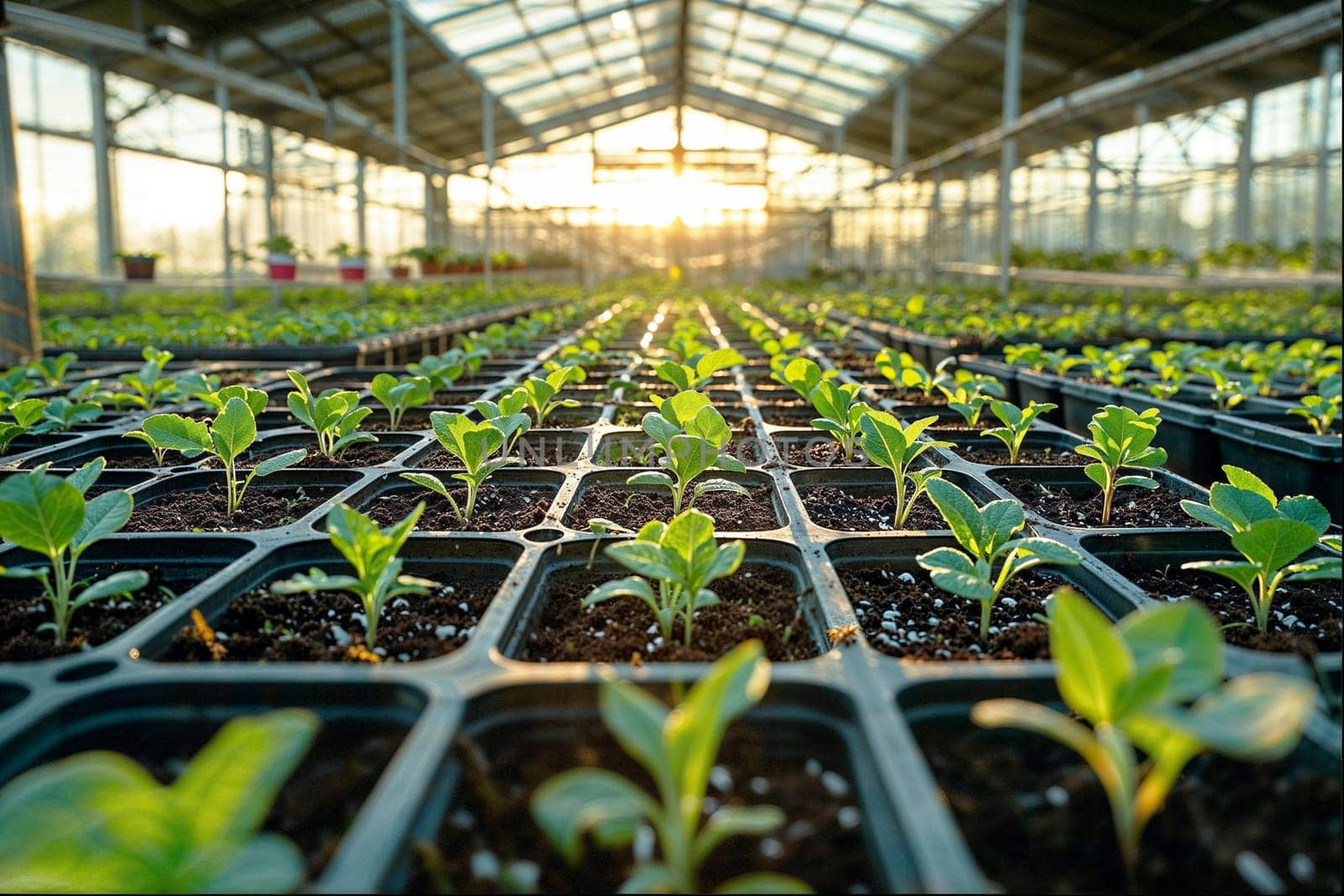 Rows of young plants in seedling trays inside a modern greenhouse, glowing under the setting suns warm light