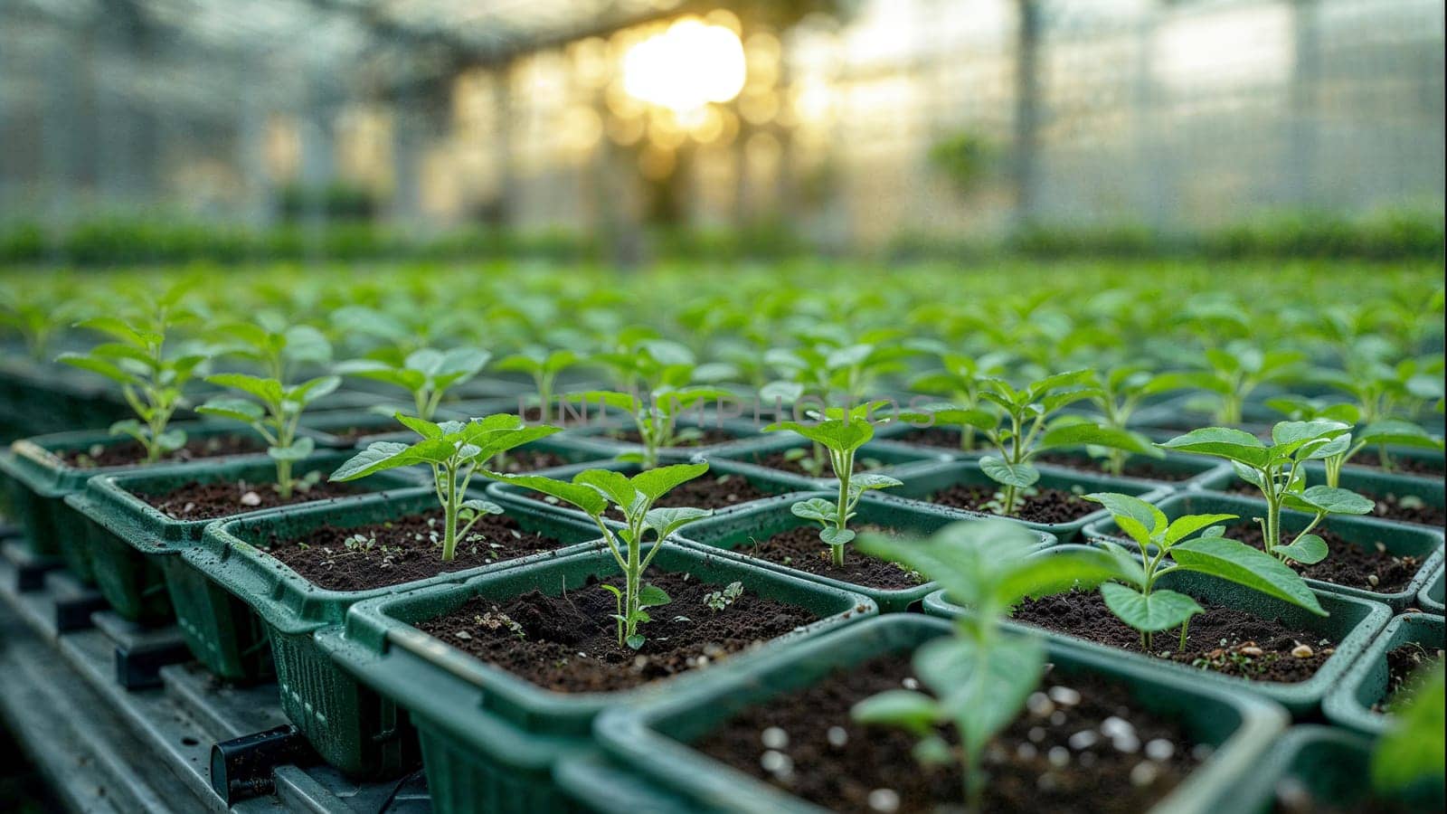 Group of seedlings in trays on tables inside a modern greenhouse