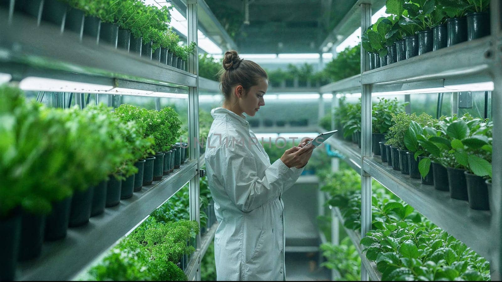 Woman in lab coat uses tablet in high-tech greenhouse to enhance plant growth.