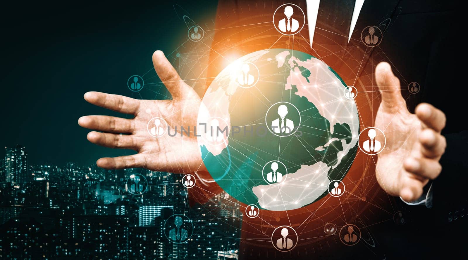 People network and global communication concept. Business people with modern interface of community linking many people around world by social media platform to connect international business. uds