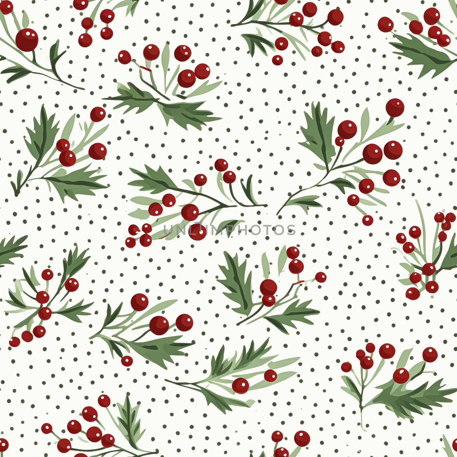 Seamless pattern, tileable modern botanical Christmas holiday, country berry dots print for wallpaper, wrapping paper, scrapbook, fabric and product design by Anneleven