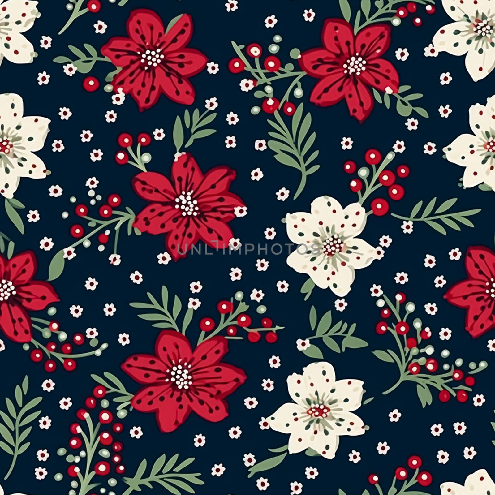 Seamless pattern, tileable Christmas holiday floral country dots print on dark background, English countryside flowers for wallpaper, wrapping paper, scrapbook, fabric and product design by Anneleven