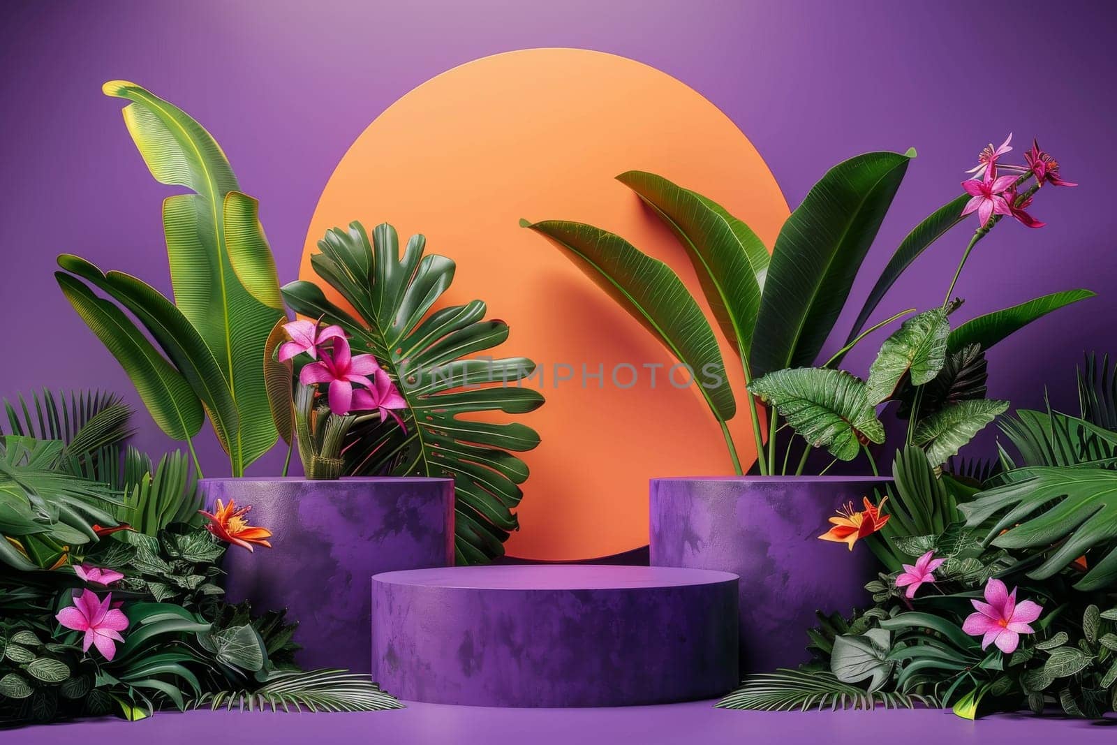 A purple background with a large orange circle in the middle. The circle is surrounded by green leaves and flowers