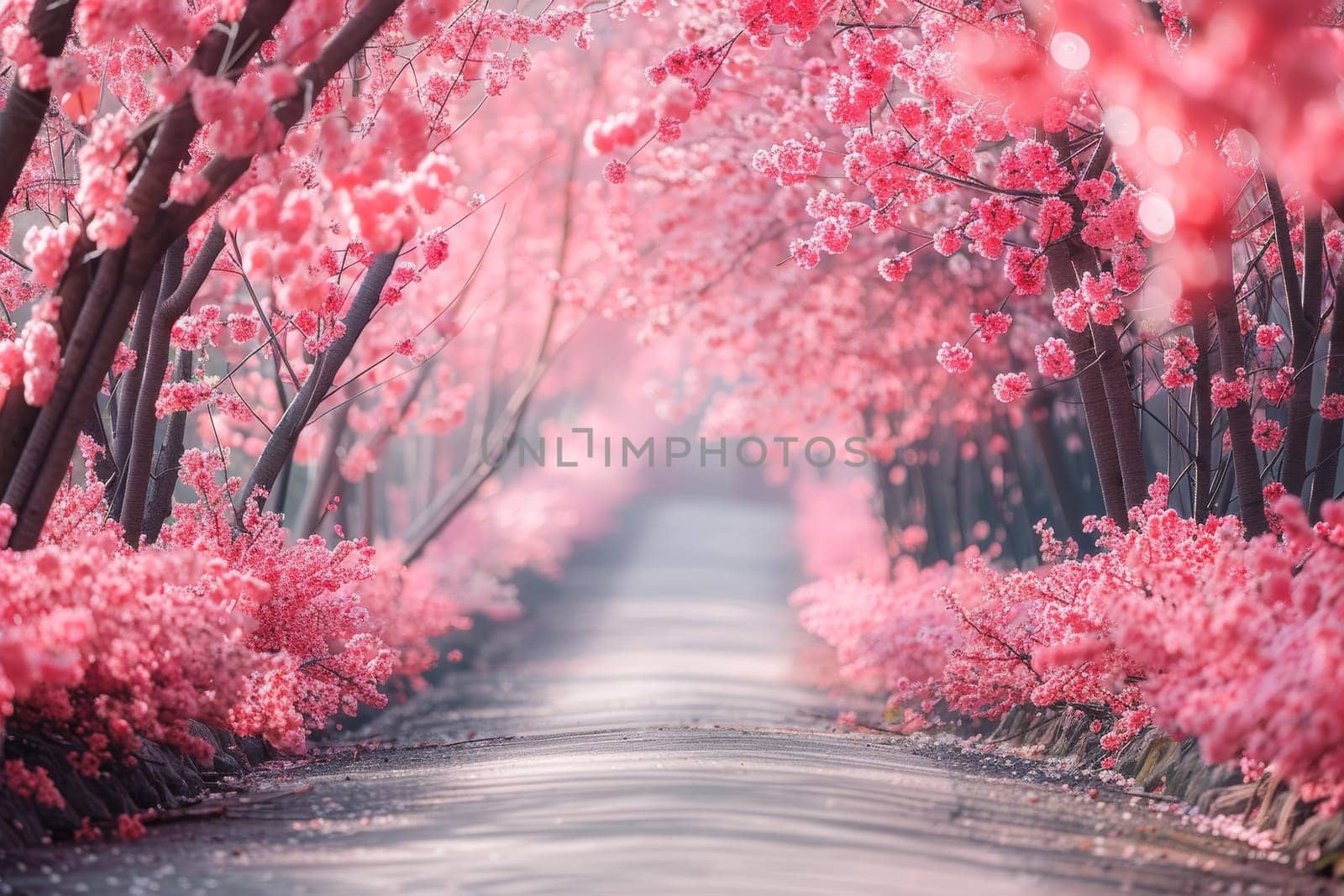 A road lined with pink cherry trees. The road is empty and the trees are in full bloom. The scene is peaceful and serene