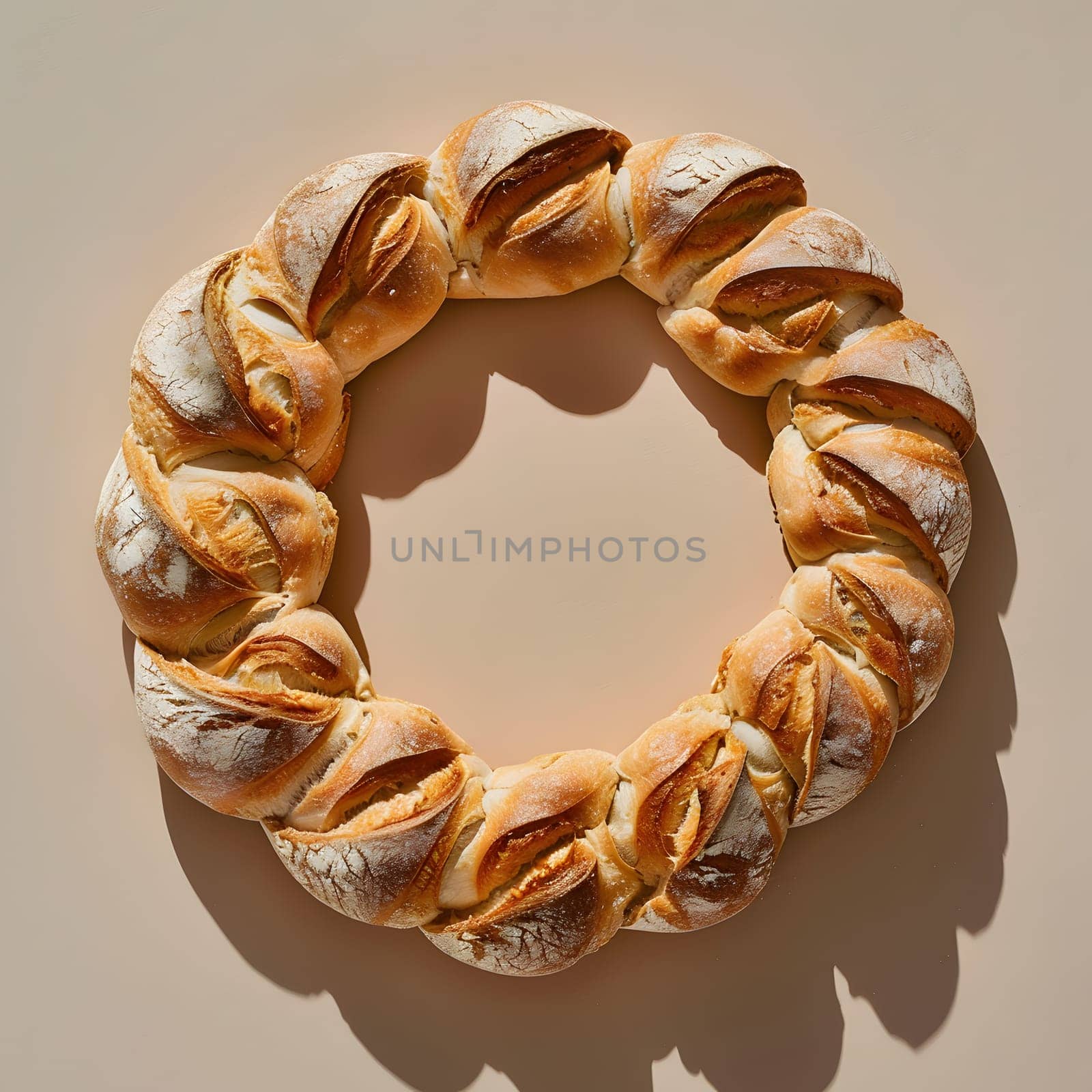 A circular wreath made of bread is displayed on a table, resembling natural material body jewelry. This creative art piece combines food with fashion accessory elements