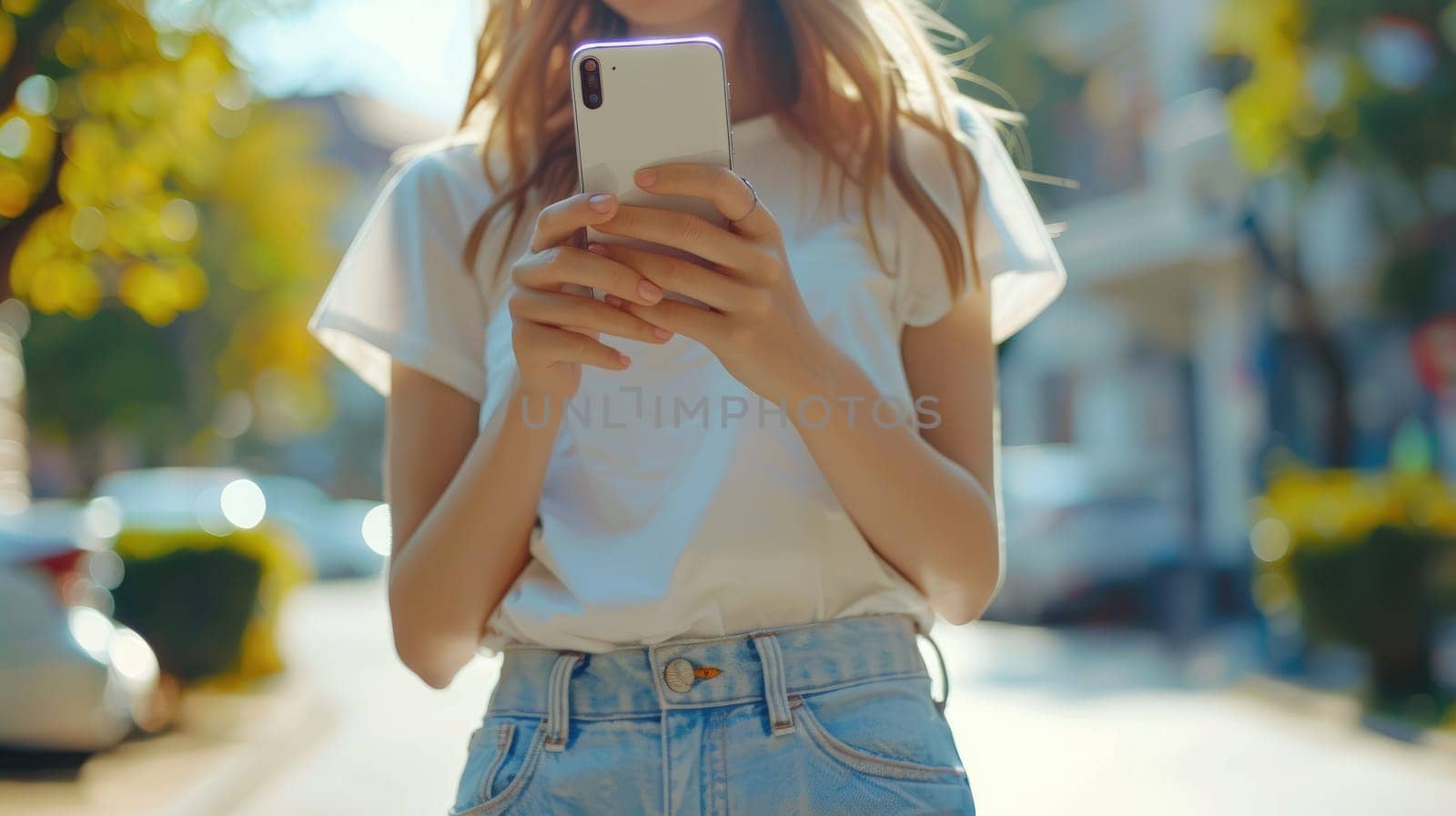 Close up view female hands holds smart phone, Summer fashion.