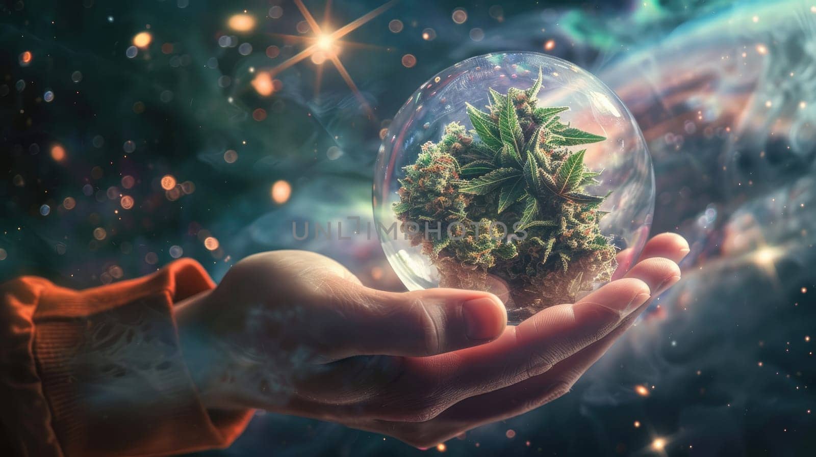 A hand holding a glass with a cannabis in it with galaxy background by nijieimu