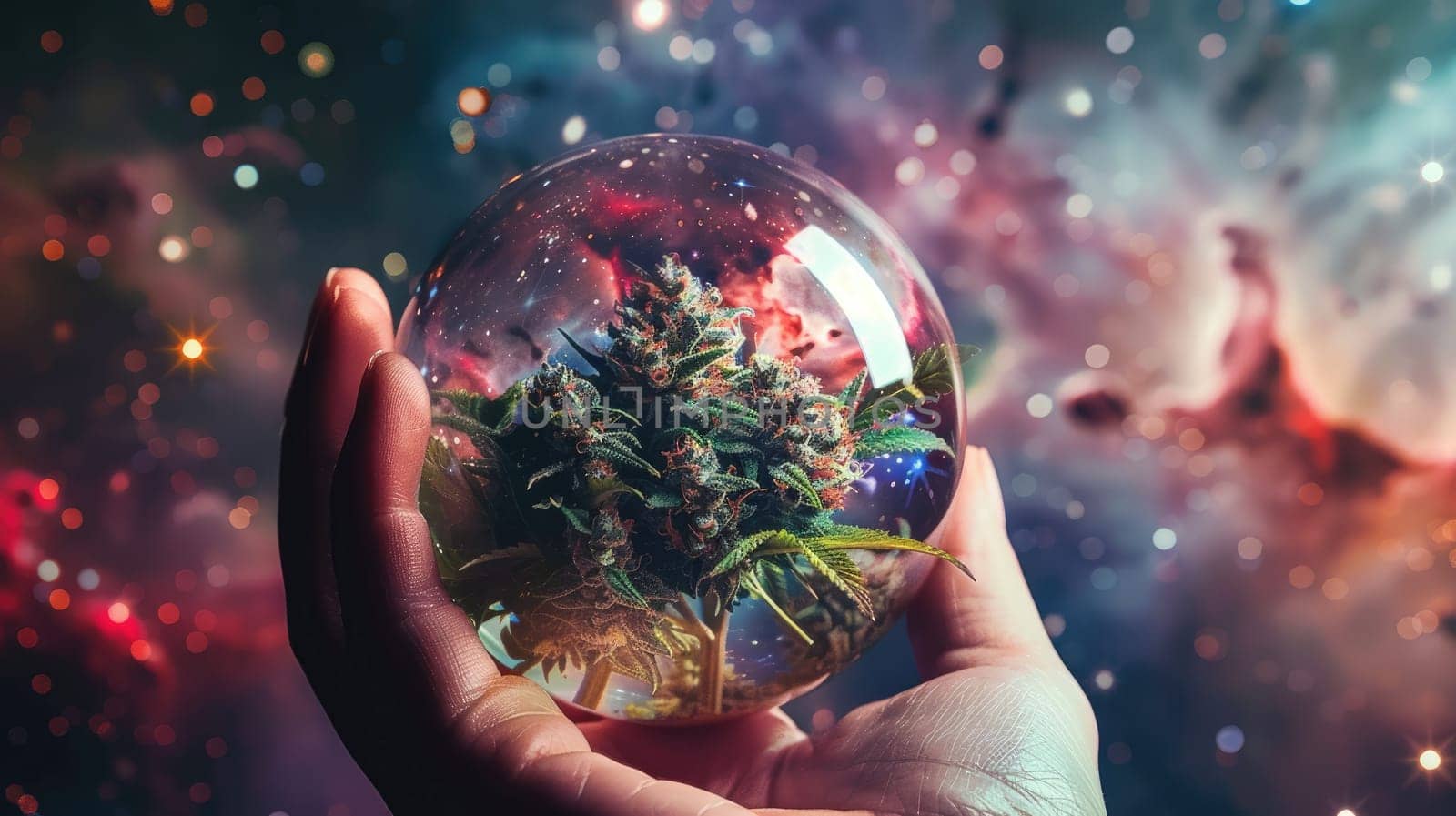 A hand holding a glass with a cannabis in it with galaxy background.