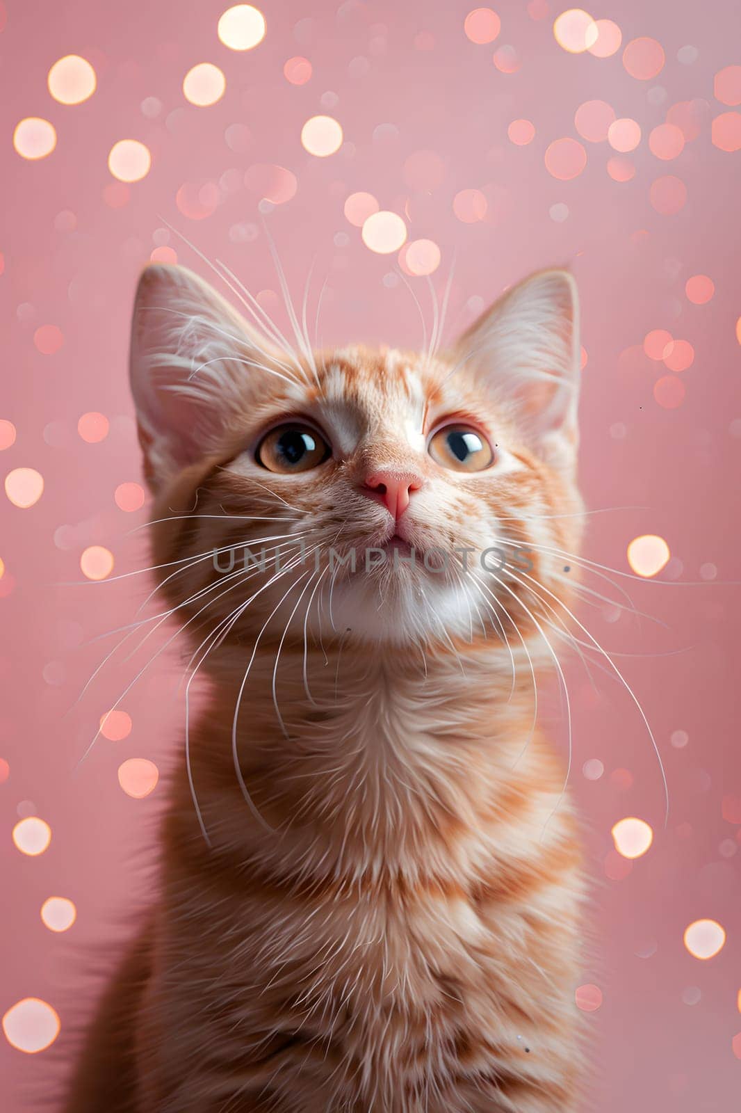 A Domestic shorthaired cat with fawn fur and whiskers is gazing up at the camera with its captivating eye, set against a pink background