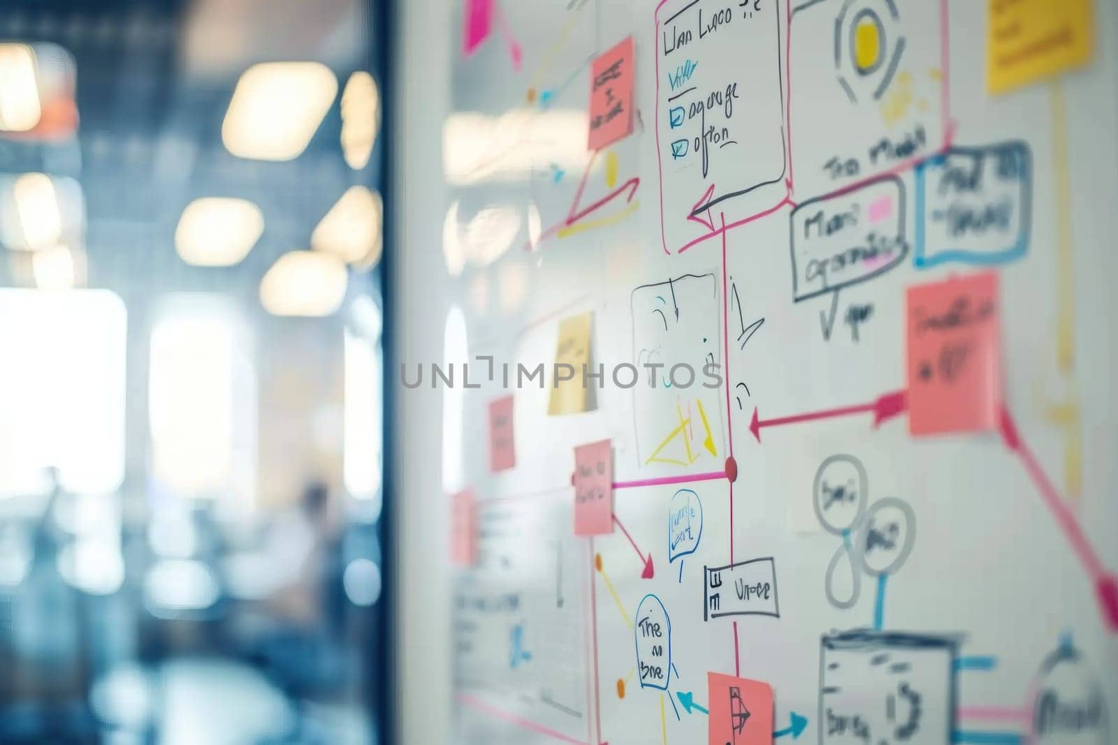 A white board with a lot of colorful sticky notes on it. The notes are arranged in a way that they form a diagram or a flow chart. The board is in a room with a window