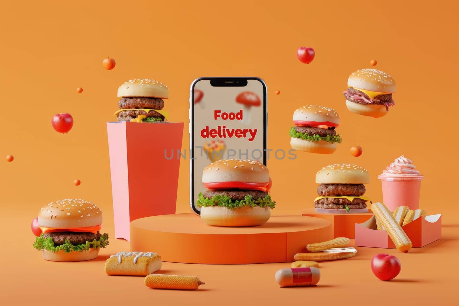 A food delivery app is shown on a phone with a variety of food items such as ham.