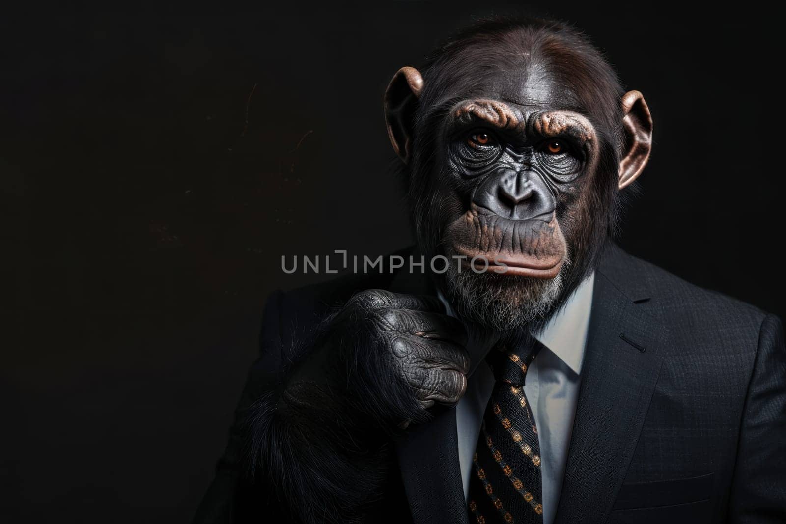A monkey wearing a suit and tie is posing for a picture.