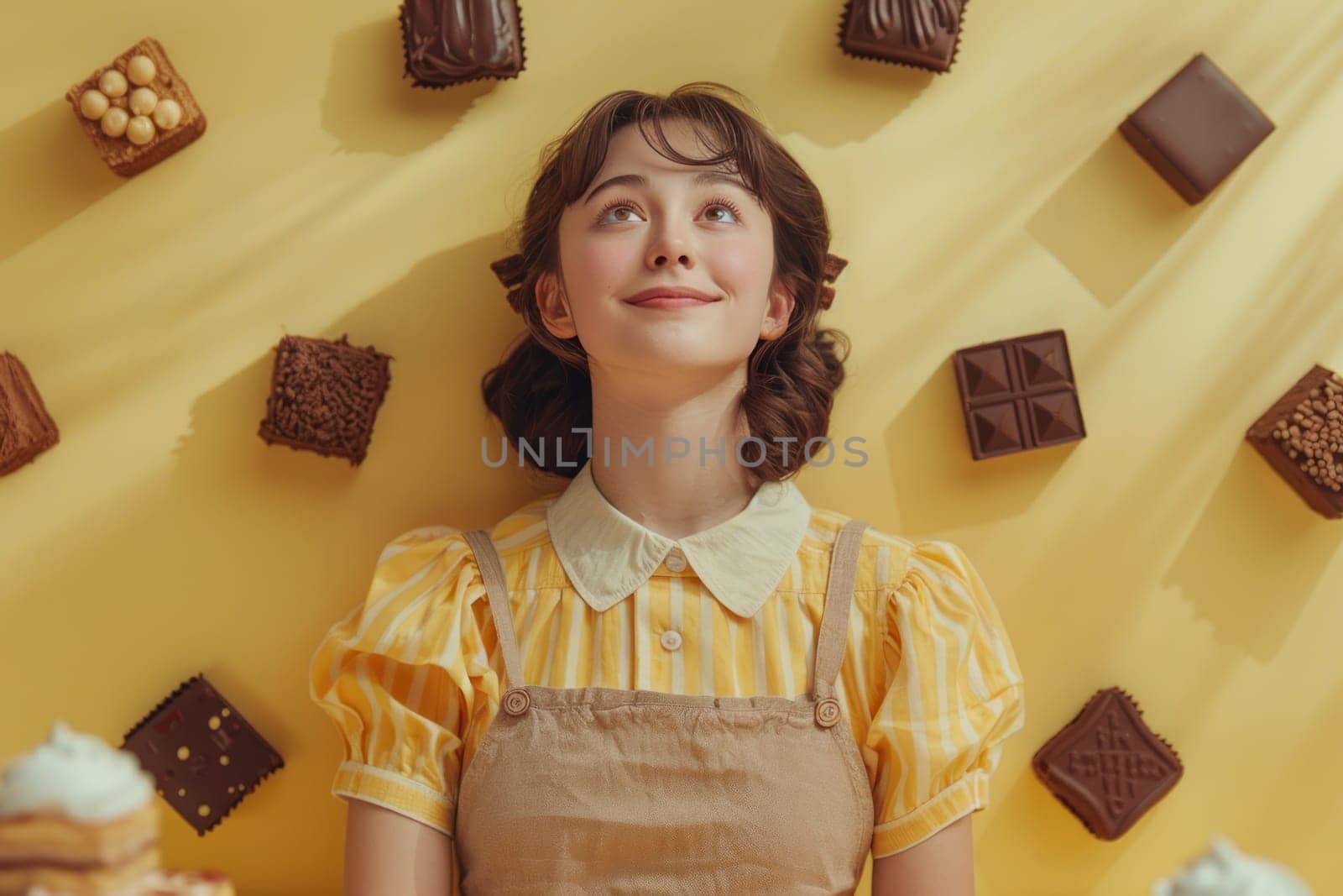 A woman is looking at a bunch of chocolate bars and other sweets.