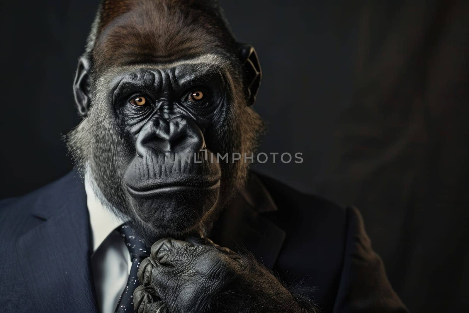 A monkey wearing a suit and tie is posing for a picture.