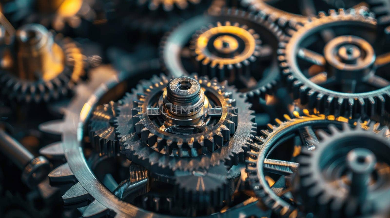 A close up of many gears with a blue and yellow tint.