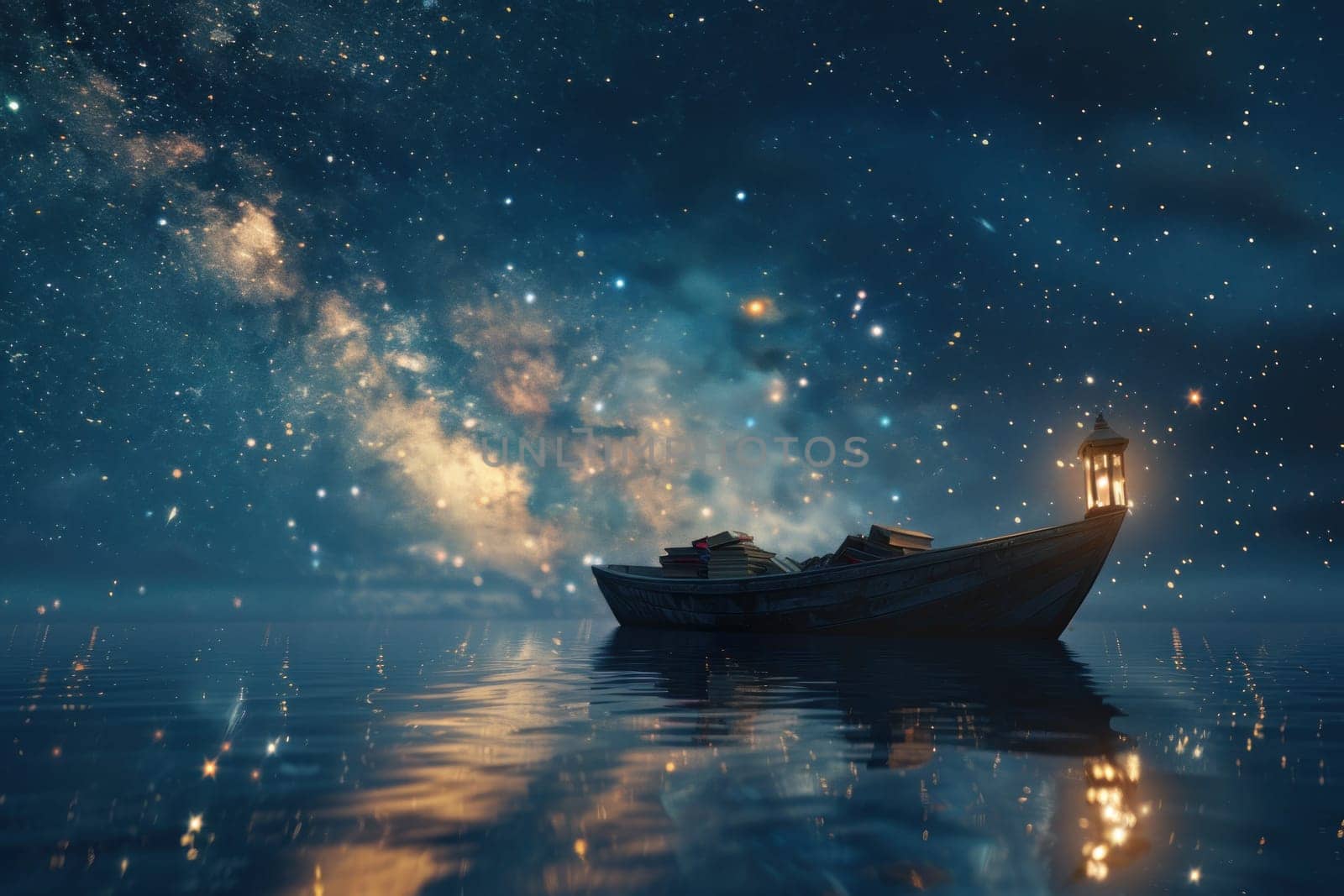 A boat is floating on a lake at night with a lantern on it.