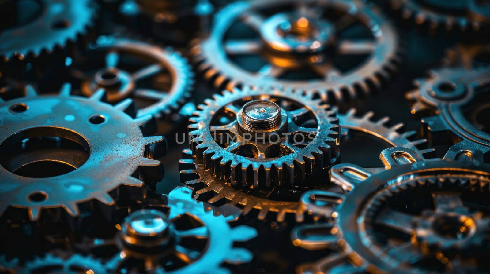 A close up of many gears with a blue and yellow tint. The gears are all different sizes and shapes, but they all have a similar design. Concept of complexity and precision