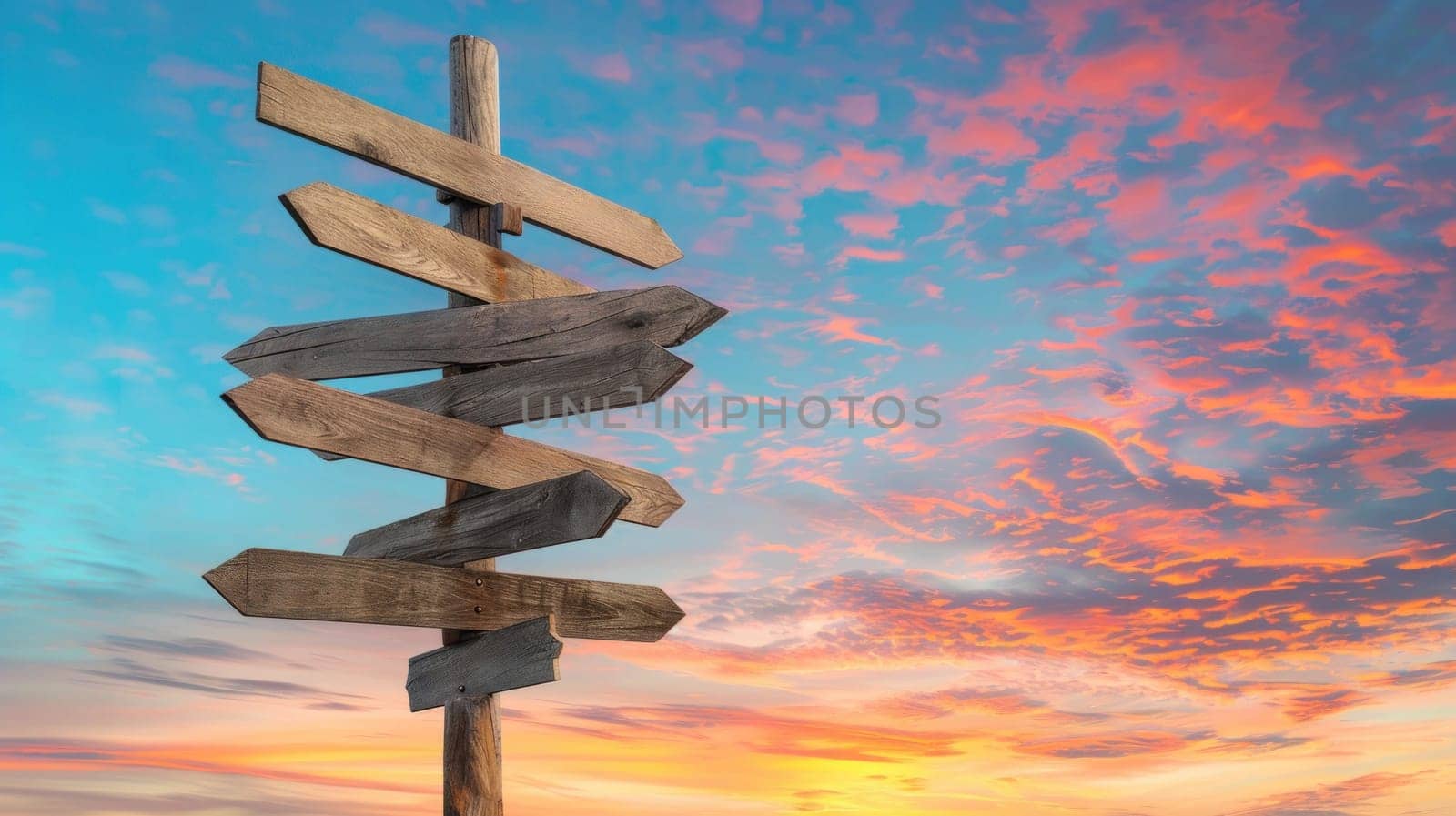 A wooden signpost with four different signs pointing in different directions.