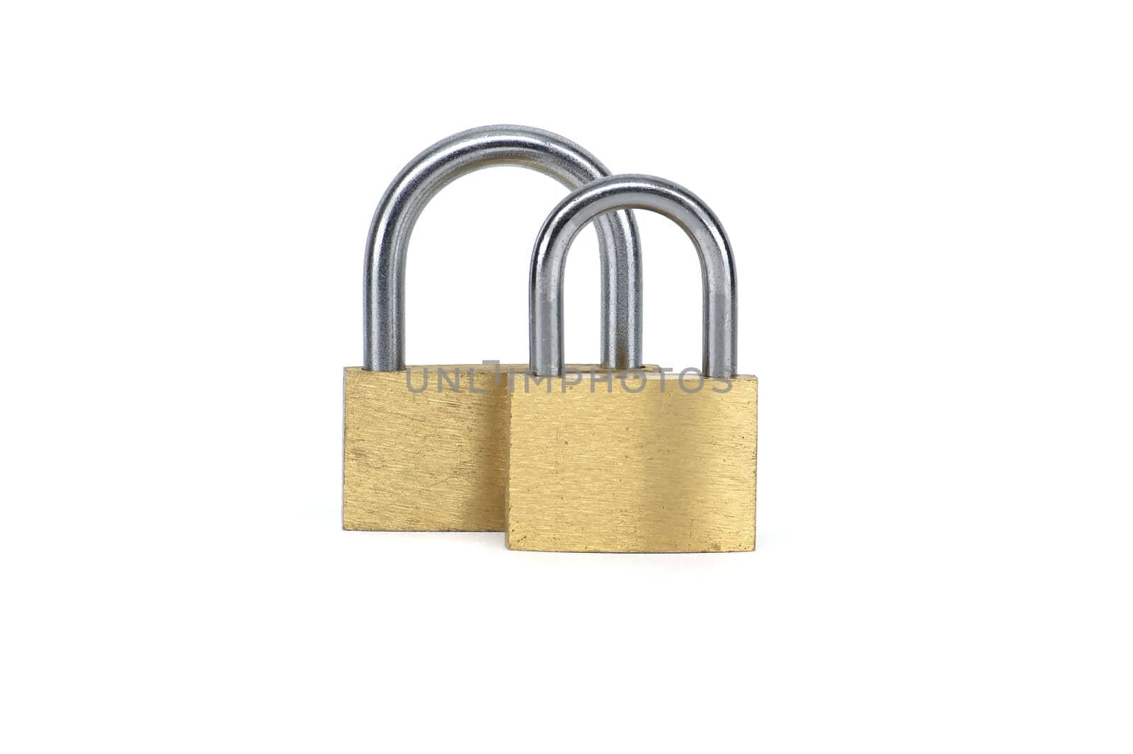 Two shiny gold padlocks that has a silver inner part isolated on white background