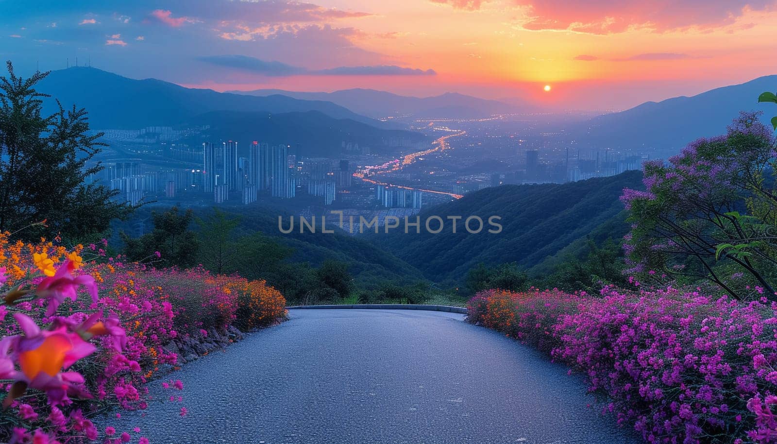 The perspective of the road against the background of sunset and the cityscape. High quality photo