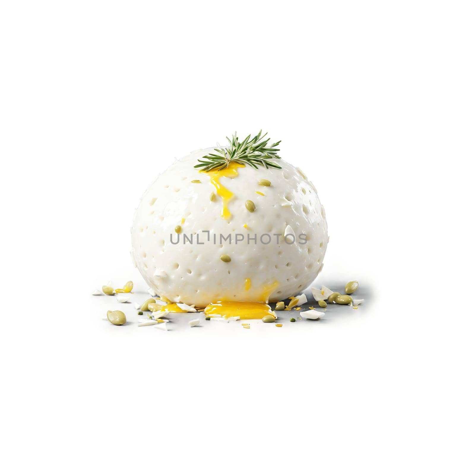Mozzarella cheese ball with torn pieces and olive oil drizzle suspended Food and culinary concept by panophotograph