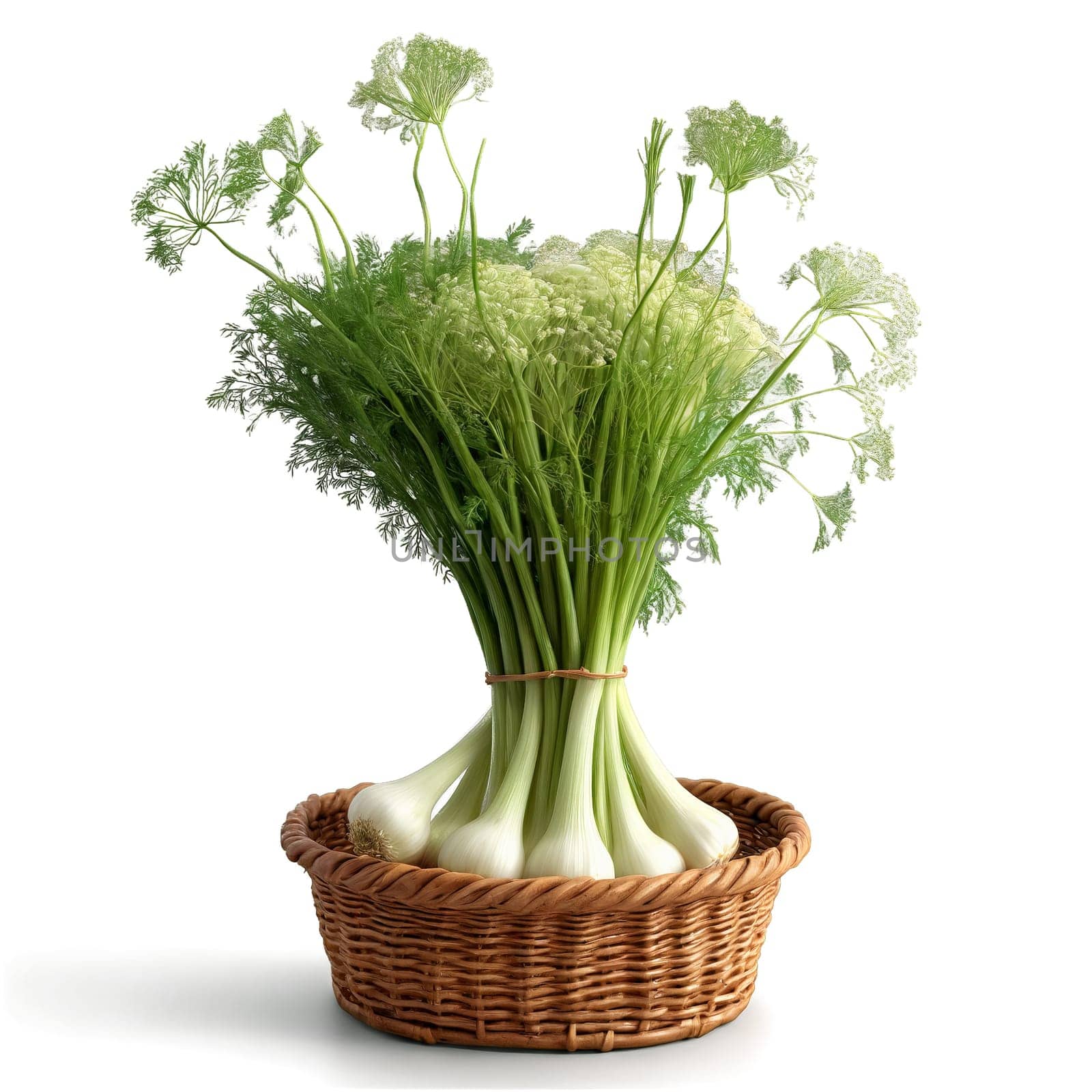 Fennel foeniculum vulgare white and green whole and sliced dancing over vintage wicker basket misty by panophotograph