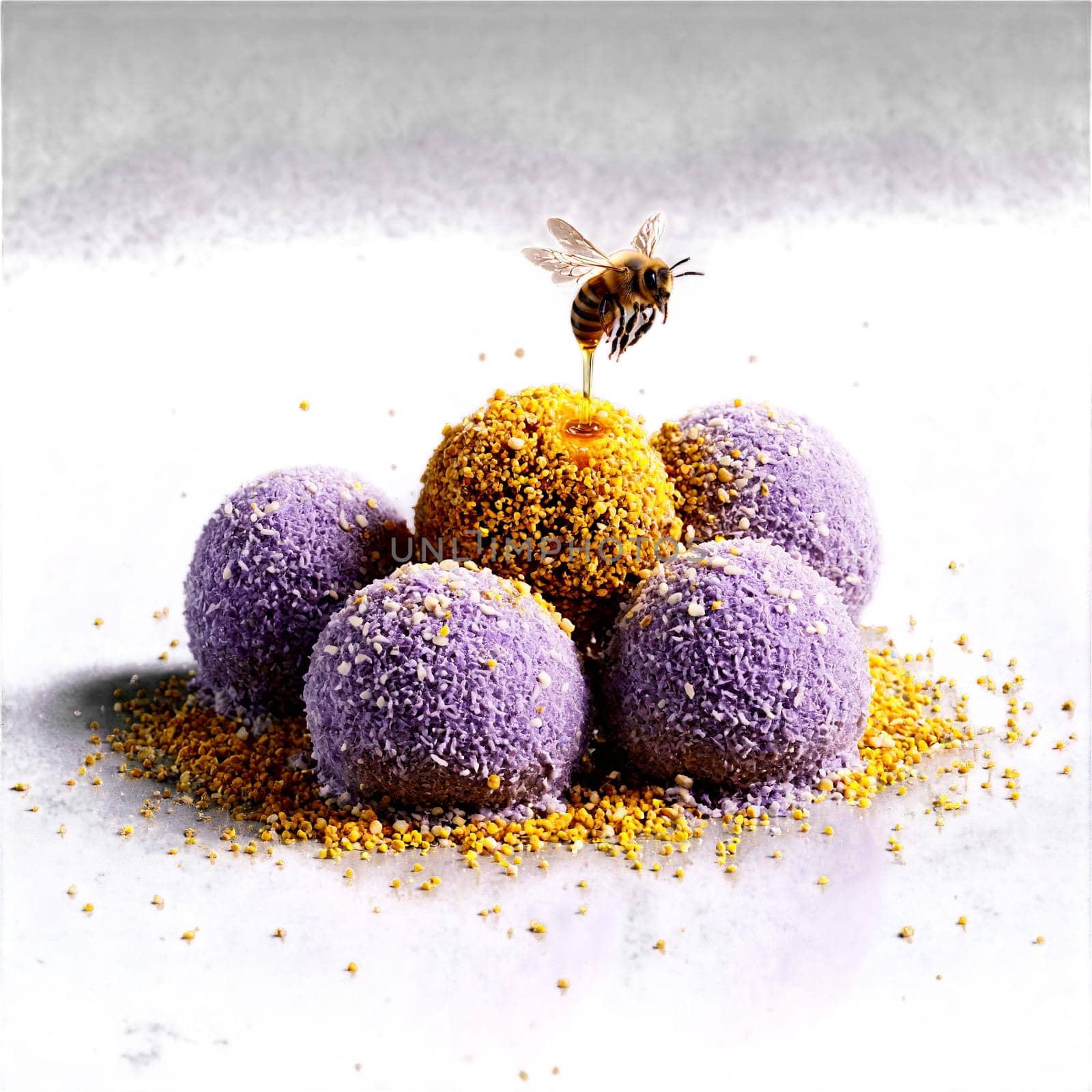 Lavender honey truffles dusted with bee pollen split open to reveal a floral creamy center by panophotograph