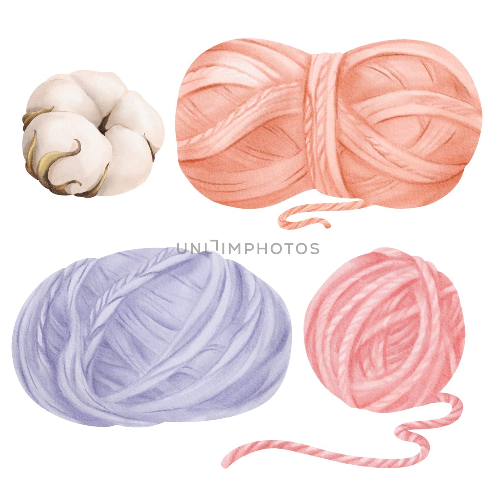 A compilation of watercolor illustrations sewing and knitting elements. balls of wool and cotton threads, a cotton flower. for crafting enthusiasts, sewing or knitting blogs textile illustrations.