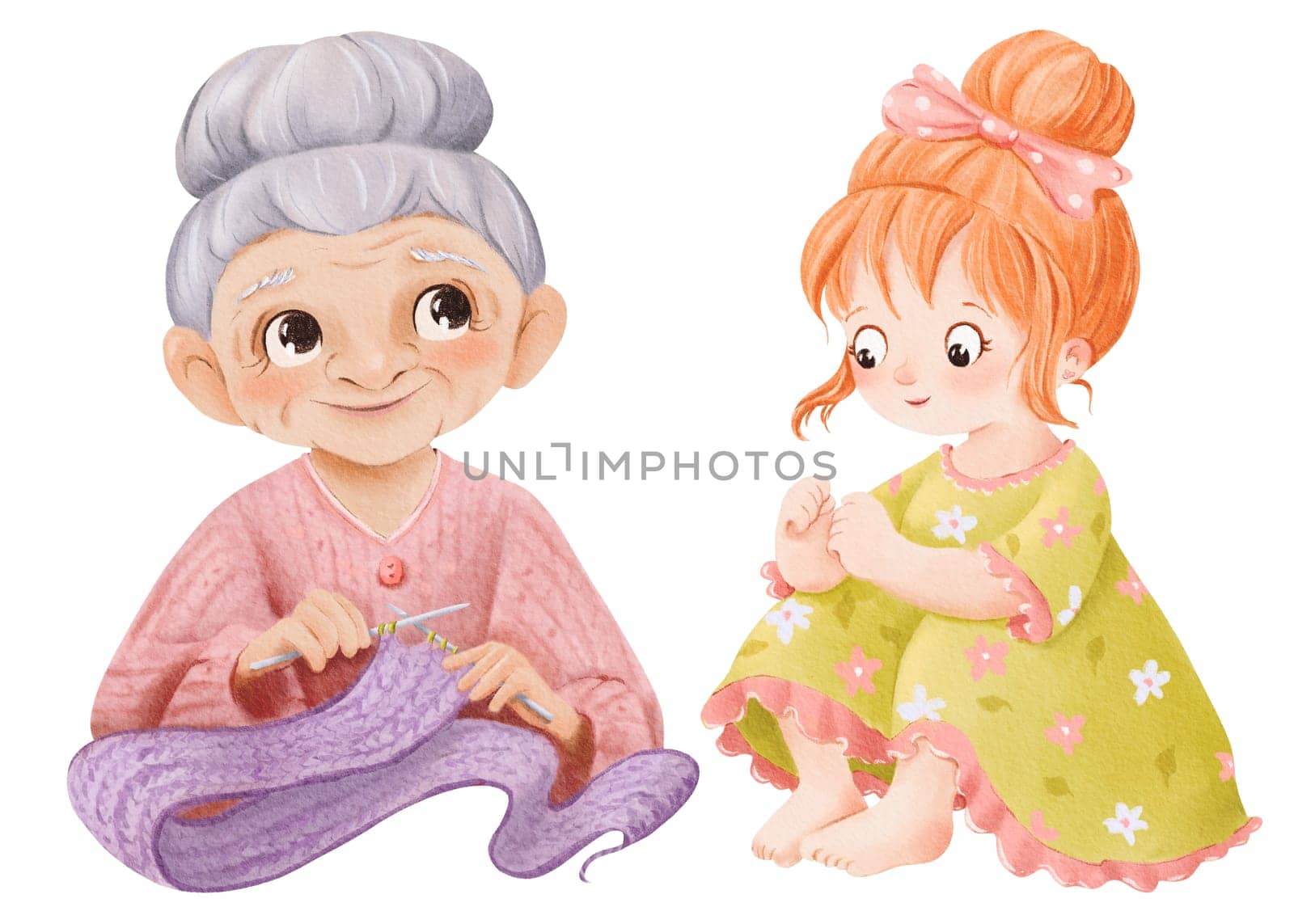Watercolor character set. A grandmother knitting portrays. a cheerful little girl with big eyes. for children's book illustrations, family-themed designs, greeting cards, and storytelling visuals.