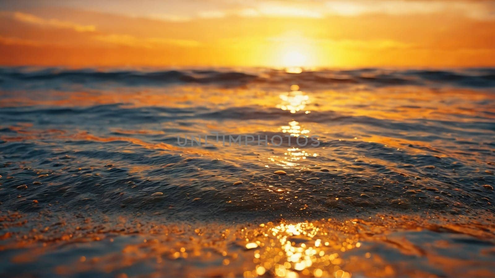 Shimmering water droplets reflecting vibrant orange sunset golden hour glow serene beach landscape tropical paradise by panophotograph