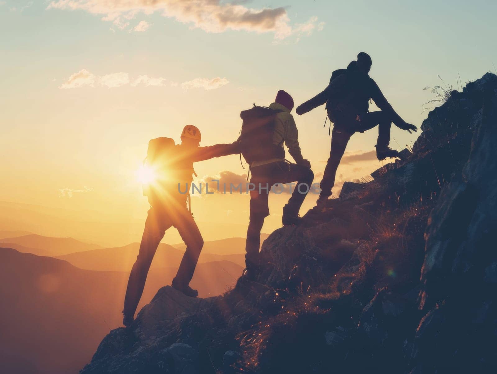 Silhouettes of friends climbing reach the mountain peak as a team at sunset by papatonic