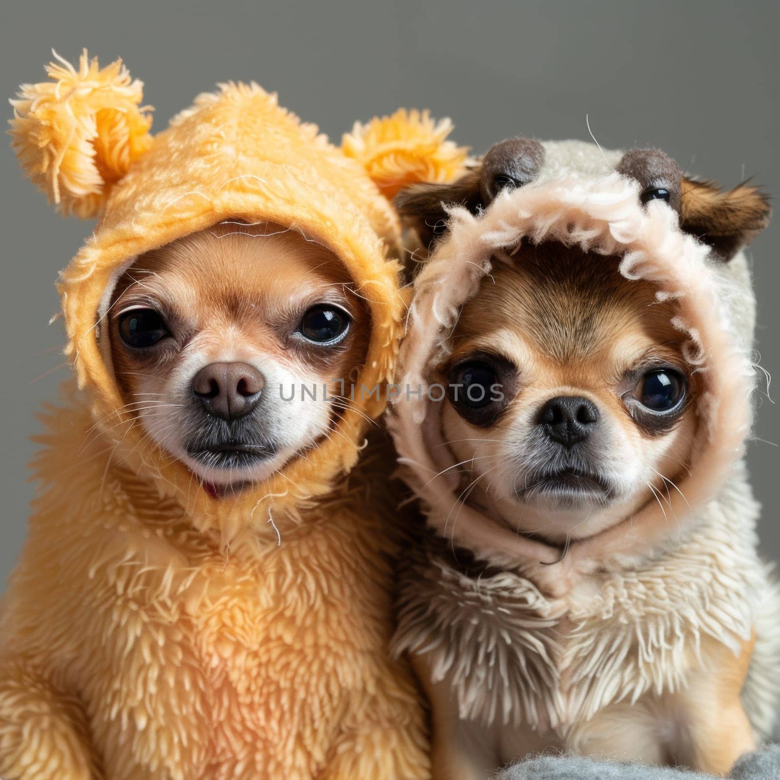 Funny headshot of two chihuahuas dressed as guinea pig.